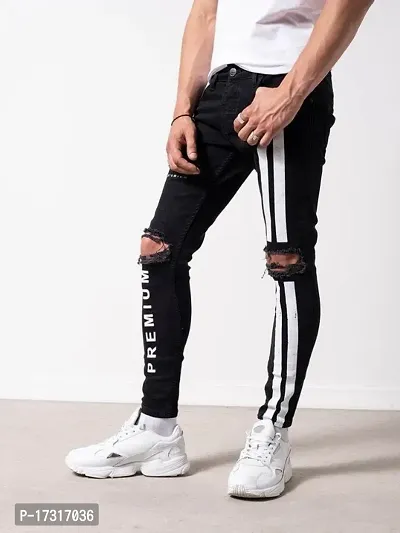 Star4well Men Printed Knee Cut Slim Fit Black Jeans-thumb0