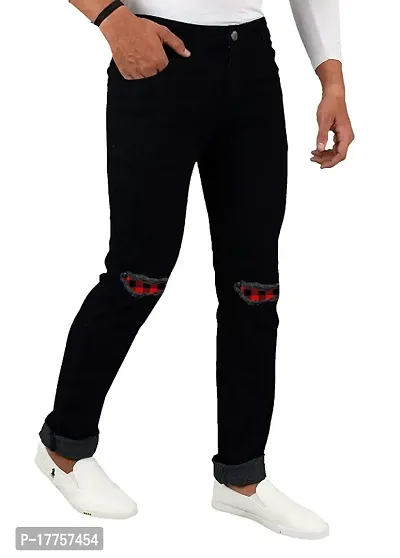 Star4well Men Printed Knee Cut Black Slim Fit Jeans-thumb0