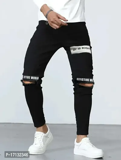 Star4well Men Printed Knee Cut Black Slim Fit Jeans-thumb2