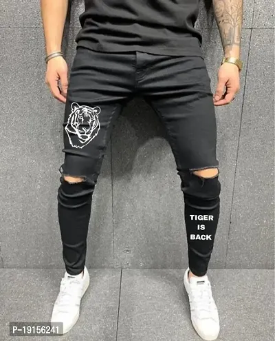 Star4well Men Knee Cut Black Printed Jeans