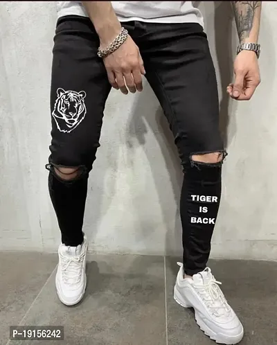 Star4well Men Knee Cut Black Printed Jeans
