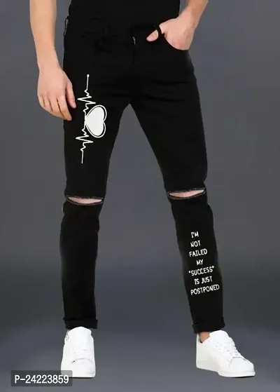 Star4well Men Printed Knee Cut Black Slim Fit Jeans
