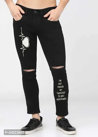 Star4well Men Printed Knee Cut Black Slim Fit Jeans-thumb0