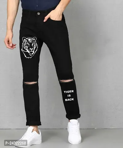 Star4well Mens Printed Knee Cut Black Slim Fit Jeans-thumb0