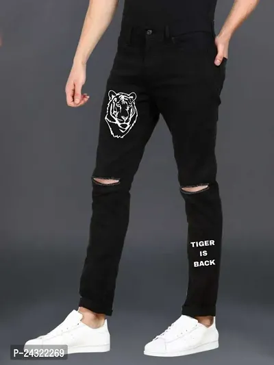 Star4well Mens Printed Knee Cut Black Slim Fit Jeans