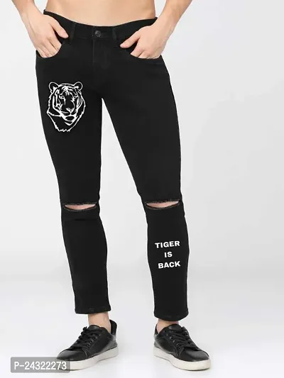 Star4well Mens Printed Knee Cut Black Slim Fit Jeans