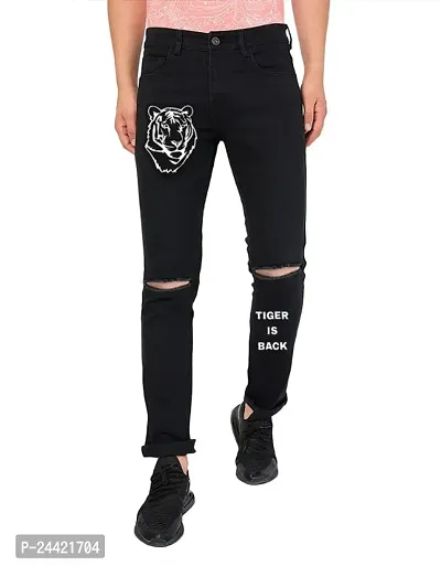 Star4well Men Black Slim Fit Printed Knee Cut Jeans-thumb0