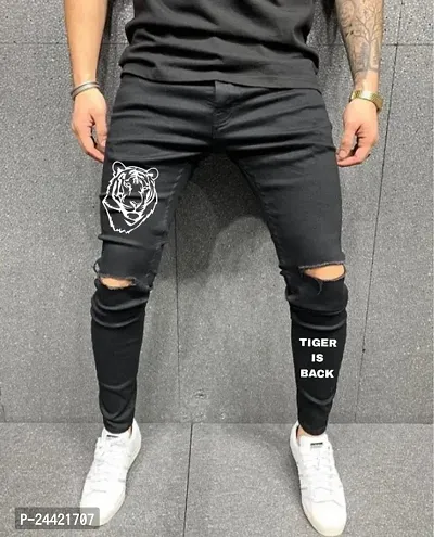 Star4well Men Black Slim Fit Printed Knee Cut Jeans
