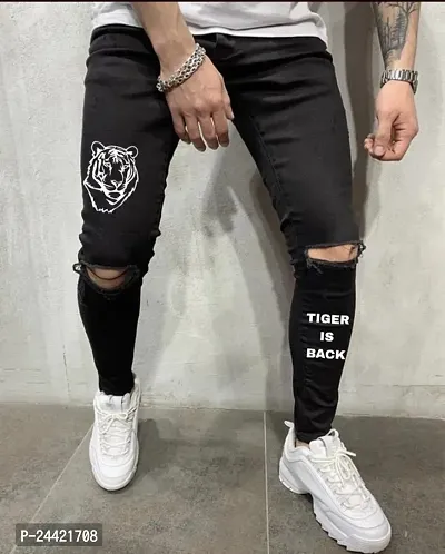 Star4well Men Black Slim Fit Printed Knee Cut Jeans-thumb0