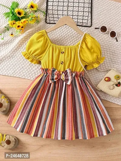 Fabulous Yellow Cotton Striped A-Line Dress For Girls
