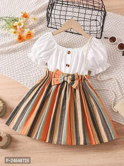 Fabulous White Cotton Striped A-Line Dress For Girls