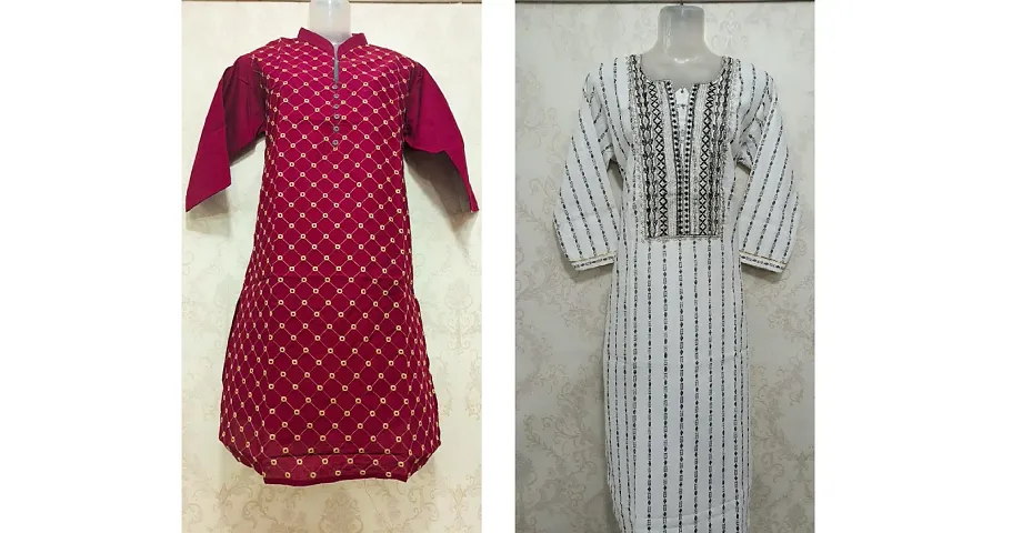 Stylish Cotton Blend A-Line Embroidered Kurtis - Pack Of 2