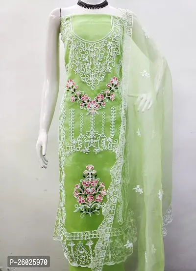 Highonclothes Green Organza Silk Embroidered Dress Material (Unstiched)-thumb2