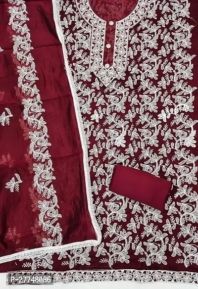 Elegant Maroon Cotton Embroidered Dress Material with Dupatta For Women-thumb3
