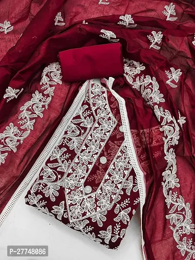 Elegant Maroon Cotton Embroidered Dress Material with Dupatta For Women-thumb2