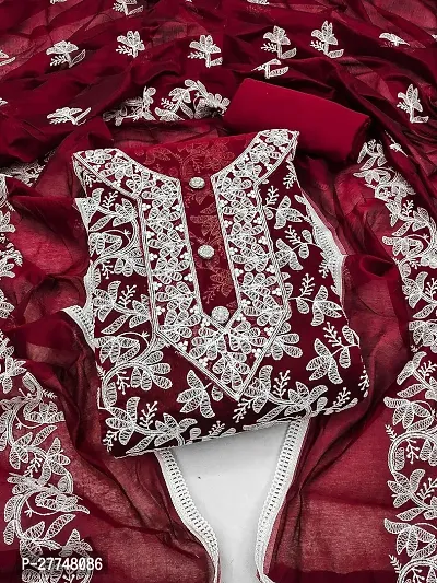 Elegant Maroon Cotton Embroidered Dress Material with Dupatta For Women-thumb0