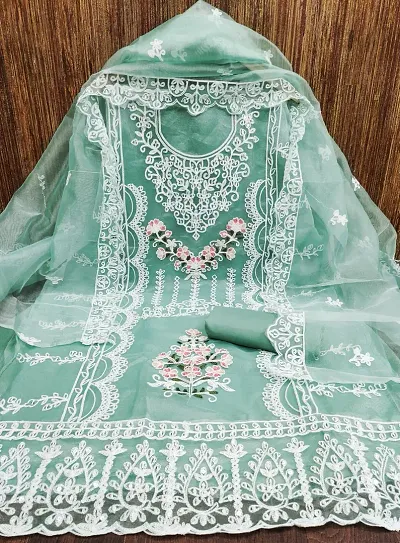 Fancy Organza Silk Embroidered Dress Material with Dupatta