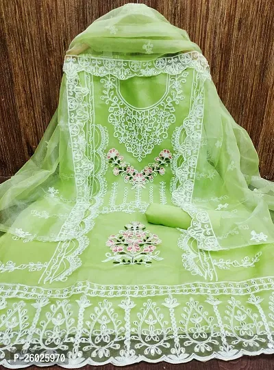 Highonclothes Green Organza Silk Embroidered Dress Material (Unstiched)-thumb0