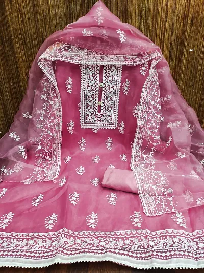 Fancy Organza Embroidered Dress Material with Dupatta