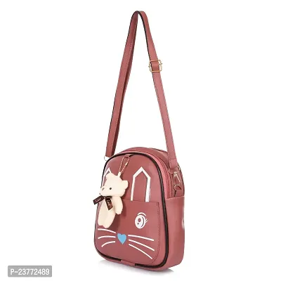 aaifa Sling Bag with Teddy keychain for Women Girls, Western  Ladies Purse, Made with Durable Vegan Leather Material with Shoulder Bags Cat Printed Cross Body Bag Mini Handbag (Light Burgundy)-thumb3