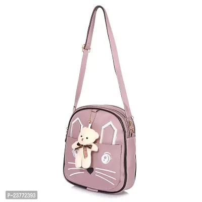 aaifa Sling Bag with Teddy keychain for Women Girls, Western  Ladies Purse, Made with Durable Vegan Leather Material with Shoulder, Cat Printed Cross Body Bag, Mini Handbag (Light Purple)-thumb3
