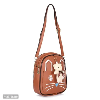aaifa Sling Bag with Teddy keychain for Women Girls Western  Ladies Purse Made with Durable Vegan Leather Material with Shoulder Bags Cat Printed Cross Body Bag, Mini Handbag (Brown)-thumb2