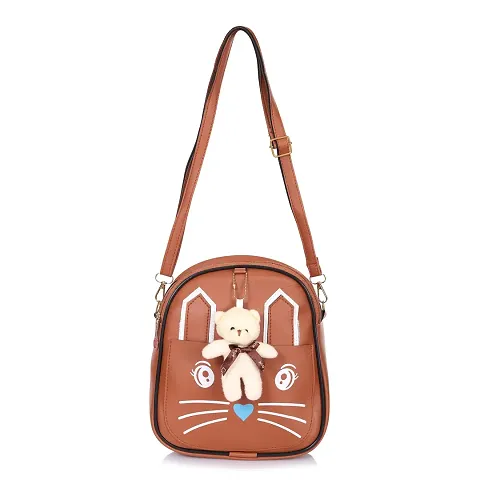 aaifa Sling Bag with Teddy keychain for Women Girls, Western & Ladies Purse, Made with Durable Vegan Leather Material with Shoulder Bags, Cat Printed Cross Body Bag, Mini Handbag