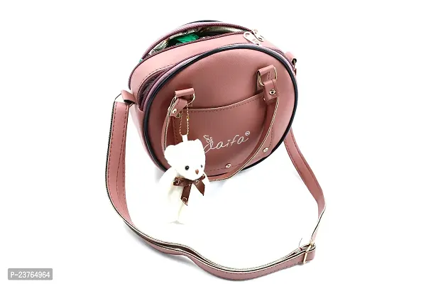 Sling Bag for Women  Girls Stylish Crossbody One Side Purse Sling Bag Closure  Adjustable Strap with teddy Keychain and zip round bag (Medium, Light Pink)-thumb3