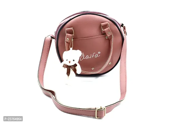 Sling Bag for Women  Girls Stylish Crossbody One Side Purse Sling Bag Closure  Adjustable Strap with teddy Keychain and zip round bag (Medium, Light Pink)-thumb0