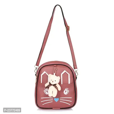 aaifa Sling Bag with Teddy keychain for Women Girls, Western  Ladies Purse, Made with Durable Vegan Leather Material with Shoulder Bags Cat Printed Cross Body Bag Mini Handbag (Light Burgundy)-thumb0