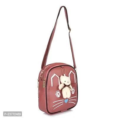 aaifa Sling Bag with Teddy keychain for Women Girls, Western  Ladies Purse, Made with Durable Vegan Leather Material with Shoulder Bags Cat Printed Cross Body Bag Mini Handbag (Light Burgundy)-thumb2