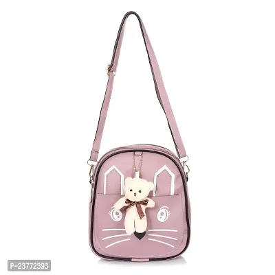 aaifa Sling Bag with Teddy keychain for Women Girls, Western  Ladies Purse, Made with Durable Vegan Leather Material with Shoulder, Cat Printed Cross Body Bag, Mini Handbag (Light Purple)