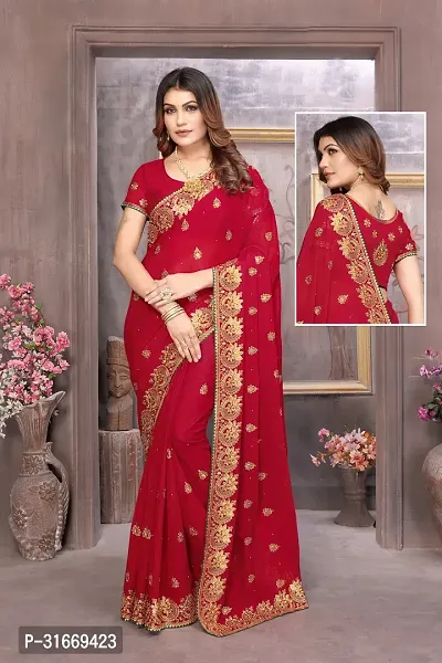 Stylish Georgette Embroidered Saree with Blouse Piece