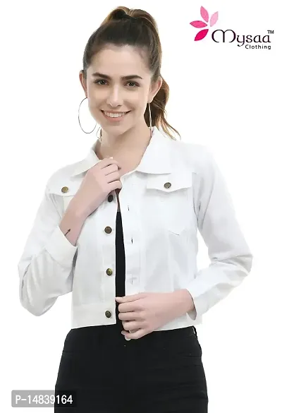 Mysaa Solid Women's Regular Comfort Fit Stylish DENIM JACKET (S, White)-thumb2