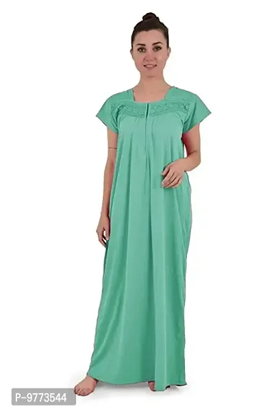 YUMINA Women's Plain Hosiery Cotton Nighty/Nightgown/Maxi with Front Zip (L, Light Green)-thumb0