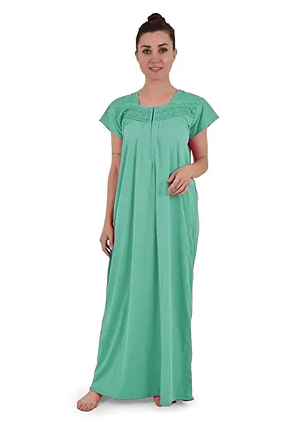 YUMINA Women's Plain Hosiery Nighty/Nightgown/Maxi with Front Zip (L, Light Green)