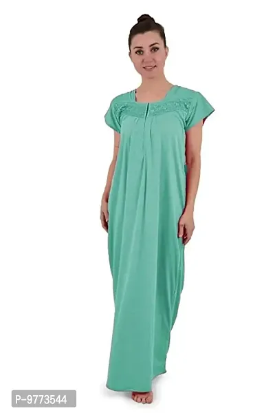 YUMINA Women's Plain Hosiery Cotton Nighty/Nightgown/Maxi with Front Zip (L, Light Green)-thumb4