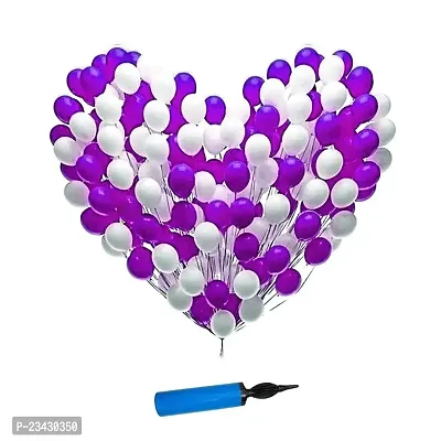 Party Decor Balloon Combo 50 pcs and Balloon Air Pump (White,Purple)