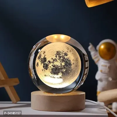 3D Moon Crystal Ball Night Lamp,Creative Engraved Crystal Ball Night Light, USB Table LED Wooden Stand with Crystal Ball for Home Office Diwali Decoration Birthday Gift (Warm White)-thumb0