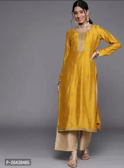 Reliable Yellow Silk Blend Embroidered Kurta For Women