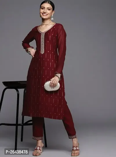 Reliable Maroon Silk Blend Embroidered Kurta For Women-thumb0