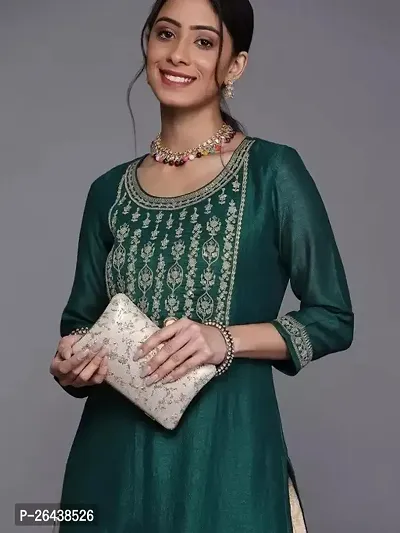 Reliable Green Silk Blend Embroidered Kurta For Women