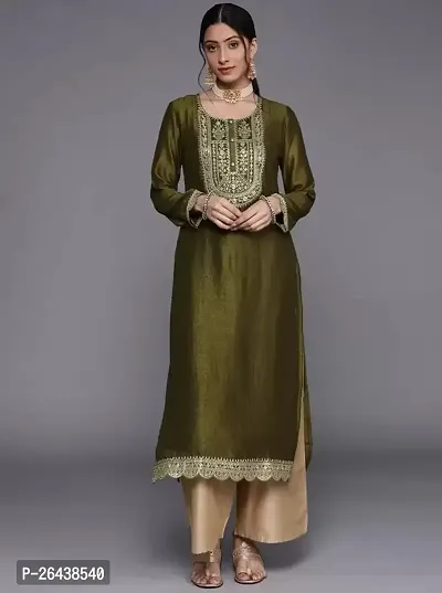 Reliable Green Silk Crepe Embroidered Kurta with Palazzo Set For Women