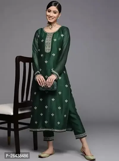 Reliable Green Silk Blend Embroidered Kurta For Women