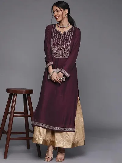 Stylish Silk Blend Embroidered A-Line Kurti