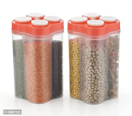 Airtight Transparent Plastic Lock Food Storage 4 Section Container Jar for Grocery Pack of 2, Kitchen Storage Box And Container Set for Sugar, Coffee, Rice etc.  Red-thumb2
