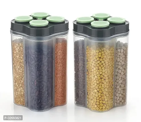 Airtight Transparent Plastic Lock Food Storage 4 Section Container Jar For Grocery Pack Of 2 Green-thumb2