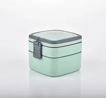 Useful Plastic Double-Layer Airtight Square Lunch Box With Handle, 2 Compartment Tiffin With Handle And Push Lock-thumb2