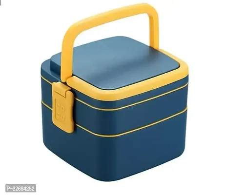 Useful Plastic Double-Layer Airtight Square Lunch Box With Handle, 2 Compartment Tiffin With Handle And Push Lock-thumb0