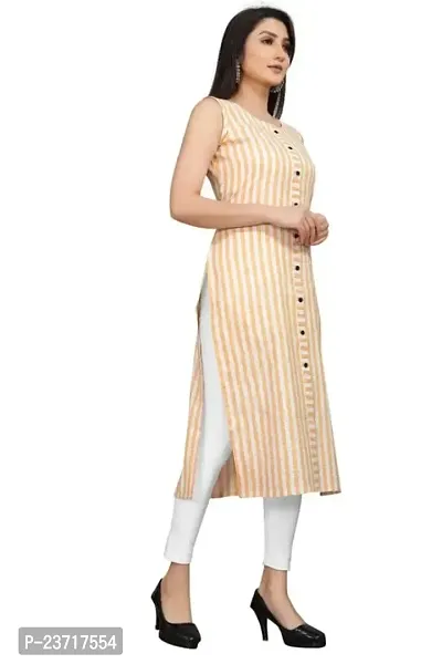 Reem Creation Women's Striped Print Khadi Cotton Sleeve Less A Line Kurti(Beige_L)-thumb4